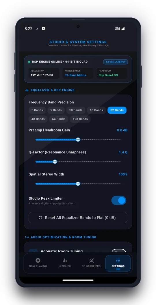 The studio settings screen